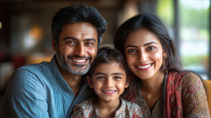 Fototapeta premium happy Indian family wearing shirt and pants , looking straight into the camera . The image is of natural light