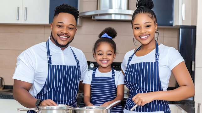 A Black family enjoys preparing a colorful salad together at home, with children in aprons laughing as they chop fresh vegetables, promoting healthy eating and togetherness