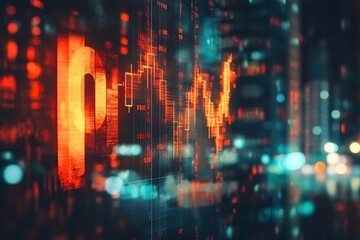 Obraz premium Abstract falling candlestick forex graph and dollar on blurry city wallpaper. Crisis and finance concept. generative ai