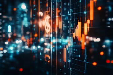 Obraz premium Abstract falling candlestick forex graph and dollar on blurry city wallpaper. Crisis and finance concept. generative ai