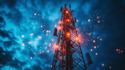 A striking telecommunications tower stands tall against dramatic blue sky, illuminated by vibrant lights and surrounded by mystical atmosphere.