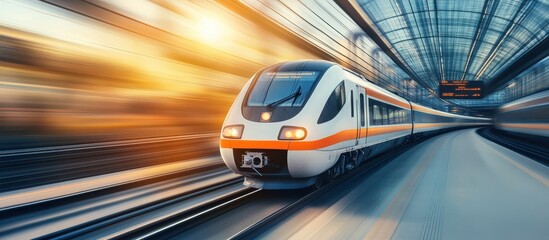 Obraz premium High-Speed Modern Train in Motion at a Futuristic Railway Station During Sunset