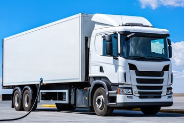 A modern white truck refueling at a service station under a clear blue sky, showcasing efficient transport capabilities, Transport and logistic concept.