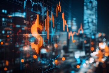 Fototapeta premium Abstract falling candlestick forex graph and dollar on blurry city wallpaper. Crisis and finance concept. generative ai