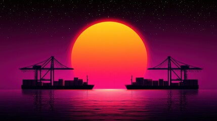 Obraz premium A vibrant sunset with silhouetted cargo ships and cranes set against a deep purple and orange sky, reflecting on calm waters, Transport and logistic concept.