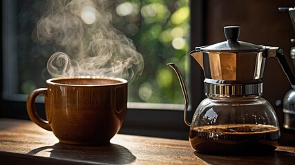 Coffee Brewing wit steam , morning coffee , ai gen