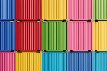 A vibrant arrangement of colorful shipping containers stacked together in a grid pattern, Transport and logistic concept.