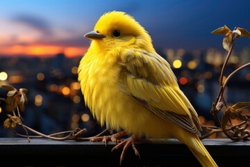Captivating professional photo of a local canary with beautiful feathers, bright tail standing on a roof, and stunning views of the city at the same time as the sun rises 