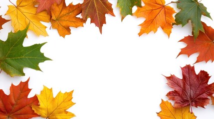 Colorful Autumn Leaves Frame on White Background, Isolated Fall Foliage Border, Seasonal Nature Concept