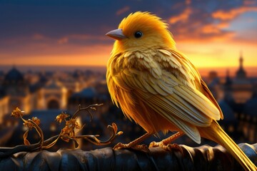 Captivating professional photo of a local canary with beautiful feathers, bright tail standing on a roof, and stunning views of the city at the same time as the sun rises 