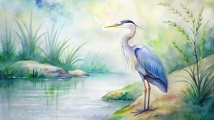 Naklejka premium Watercolor heron by the lake with natural surroundings and misty background