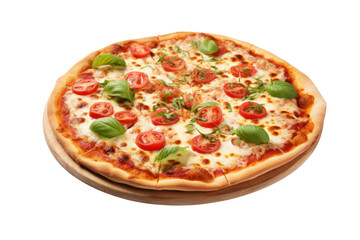 Italian style pizza Isolated pieces on a white background It clearly shows oozing cheese, fresh tomatoes, and basil.