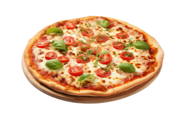 Italian style pizza Isolated pieces on a white background It clearly shows oozing cheese, fresh tomatoes, and basil.