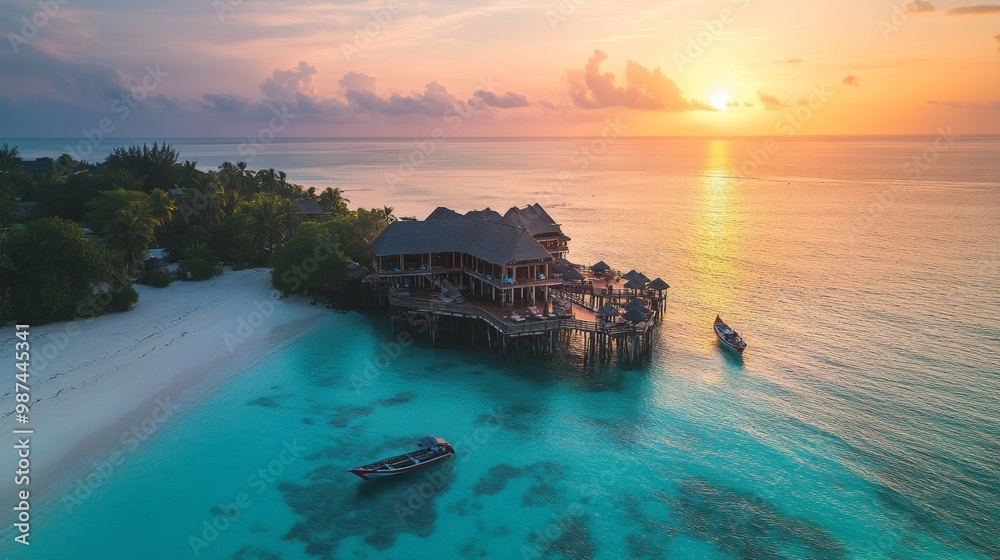 Wall mural sunrise over a tropical island with a resort.