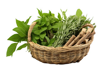 Naklejka premium Indian herbs in bamboo basket on wooden table on a white background show spontaneity