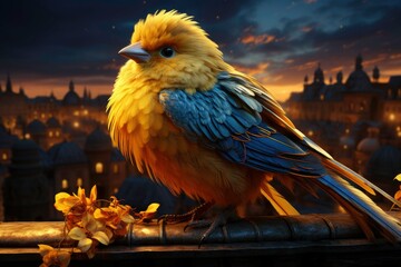 Captivating professional photo of a local canary with beautiful feathers, bright tail standing on a roof, and stunning views of the city at the same time as the sun rises 