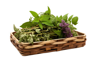 Fototapeta premium Indian herbs in bamboo basket on wooden table on a white background show spontaneity