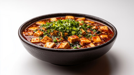 Delicious spicy tofu dish garnished with fresh green onions and herbs, served in traditional black bowl.