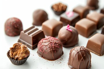 Assorted chocolate candies with different fillings on a white background, with full depth of field, showcasing the diverse flavors