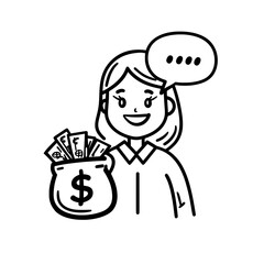 Doodle businesswoman holding a bag of money and a percent sign