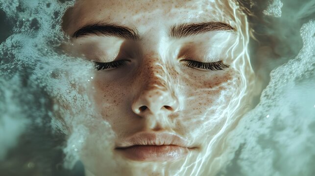 Serene face submerged in water, calming atmosphere.