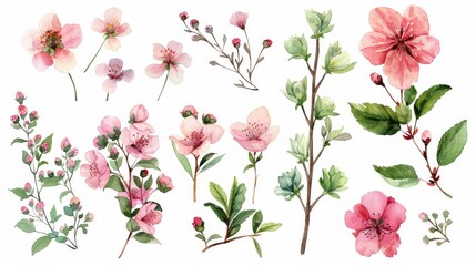 Collection of hand-drawn spring blossoms and leaves, ideal for decor and clipart, with a clean white background