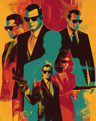 1960s-inspired poster of stylish secret agents with sunglasses and guns in bold colors