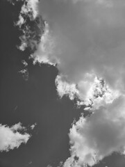 White cumulus clouds in the summer sky black and white photo background