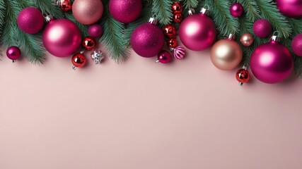Christmas decoration border in pastel magenta background