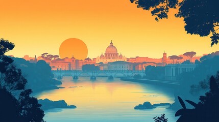 Obraz premium Stunning Sunset Over Rome with St. Peter's Basilica and Tiber River in a Vibrant Digital Illustration