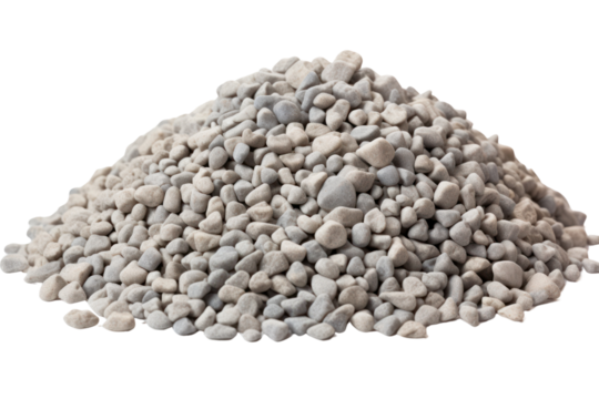 Gray gravel soil isolated on a white background shows a variety of textures. suitable for drainage Emphasize the natural gray color of the gravel soil