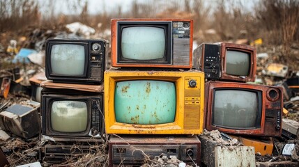 Rusty, discarded TVs in an old dump, symbolizing the wasteful side of consumer electronics.