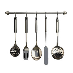 Set of five stainless steel kitchen utensils hanging on a rack, including ladle, spatula, slotted spoon, and skimmer on transparent background