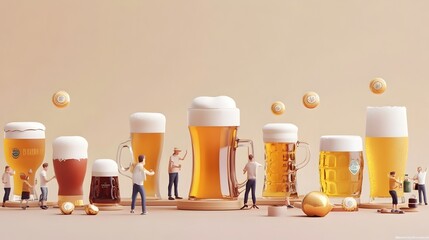 Vibrant 3D rendered of a lively beer festival showcasing a crowd of people gathered together happily enjoying a variety of craft beers and beverages in a festive flat design setting
