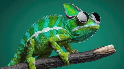 Fototapeta premium chameleon wearing sunglasses on a solid color background