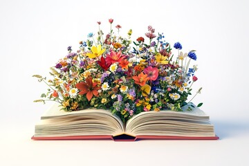 Dried pressed various leaves and flowers placed on the pages of an open old book lying on a white background