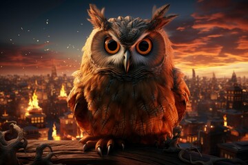 Captivating Professional Photo of an owl with beautiful feathers, a bright tail standing on a rooftop, and a stunning view of the city at the same time as the sun rises 