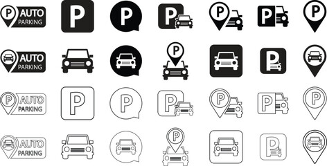 Parking icons set flat, line styles. Car parking place vectors. Traffic signs illustration. Public parking, road signs and pin marker isolated on transparent background. Street sign business concepts.