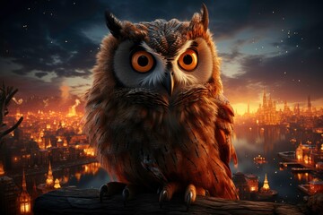 Captivating Professional Photo of an owl with beautiful feathers, a bright tail standing on a rooftop, and a stunning view of the city at the same time as the sun rises 
