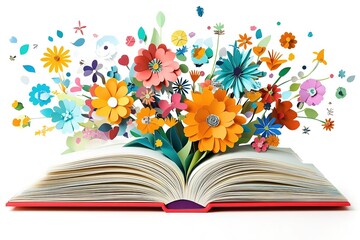 Dried pressed various leaves and flowers placed on the pages of an open old book lying on a white background