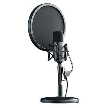 Professional microphone setup with pop filter on stand, ideal for podcast recording, music production, and broadcasting on transparent background