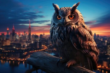 Captivating Professional Photo of an owl with beautiful feathers, a bright tail standing on a rooftop, and a stunning view of the city at the same time as the sun rises 
