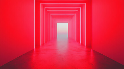 Fototapeta premium Neon pink hallway leads to a bright white light at the end.