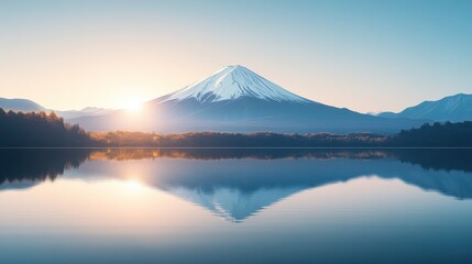 Stunning Sunrise Over Mount Fuji Reflecting in Calm Lake with Clear Sky and Scenic Landscape