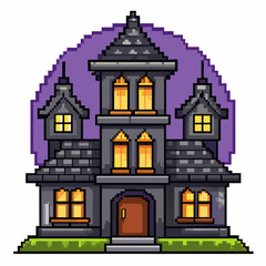 Pixel Art Spooky Haunted House with Glowing Windows and Purple Background