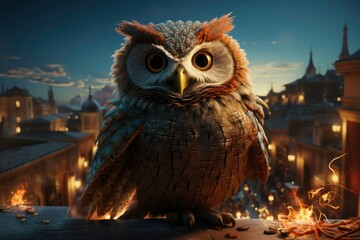 Captivating Professional Photo of an owl with beautiful feathers, a bright tail standing on a rooftop, and a stunning view of the city at the same time as the sun rises 