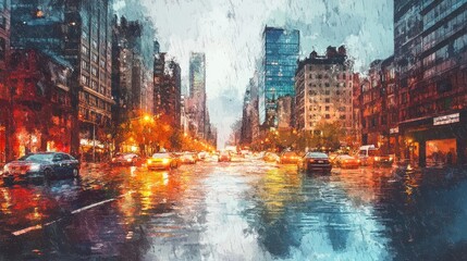 Obraz premium Smooth design of a flooded city street, with vibrant watercolor details showing the aftermath of a rainstorm.