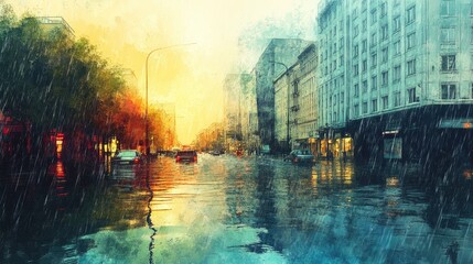 Obraz premium Smooth design of a flooded city street, with vibrant watercolor details showing the aftermath of a rainstorm.