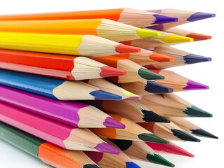 Vibrant Colored Pencil Fan on Crisp White Background Evoking Creative Office Vibe