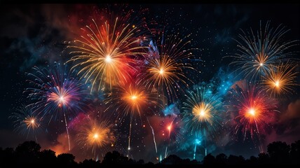 Colorful fireworks display in night sky.